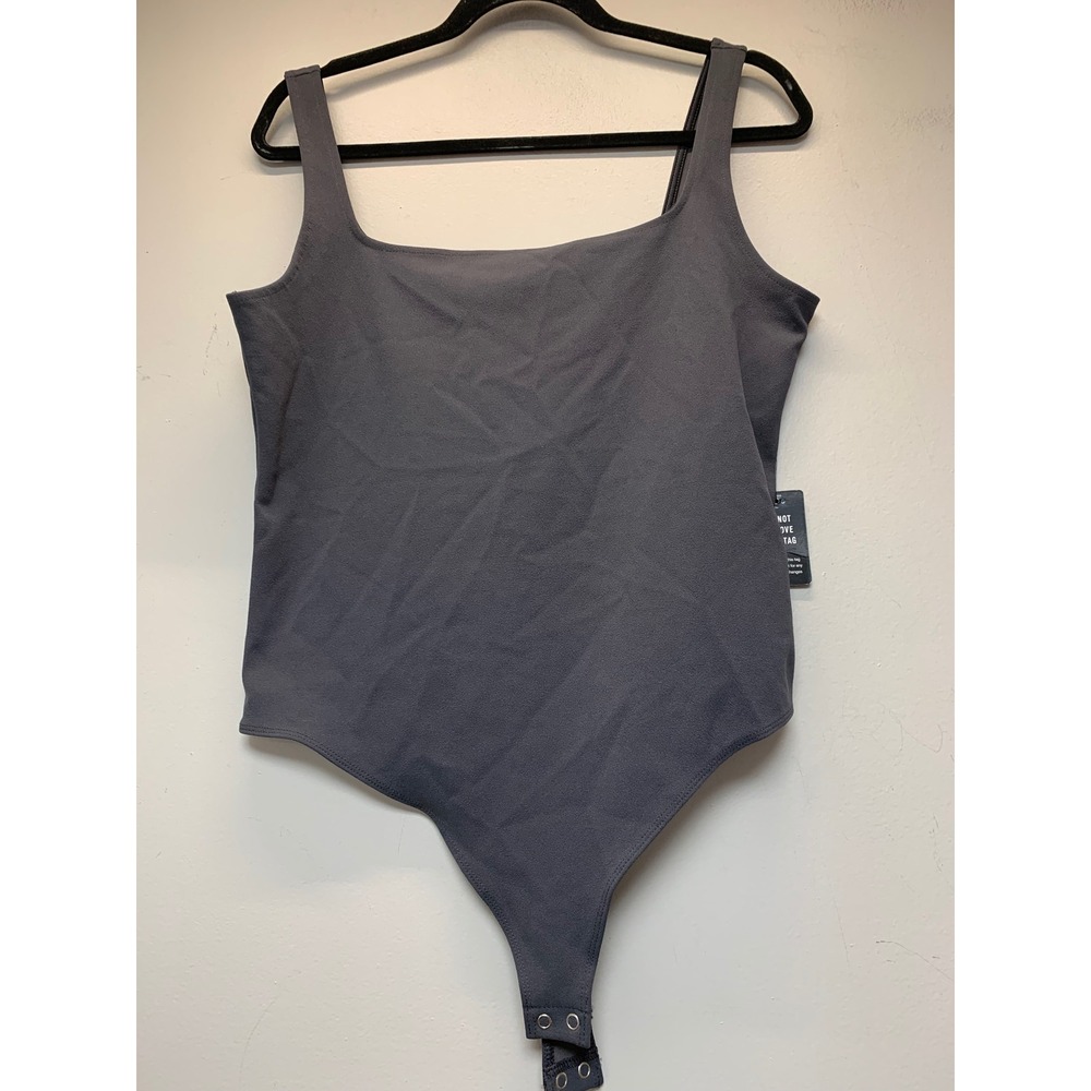 Express Bodysuit Womens Large Gray New Square Neck Sleeveless Thong Snap 12115